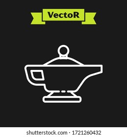 White line Magic lamp or Aladdin lamp icon isolated on black background. Spiritual lamp for wish.  Vector Illustration