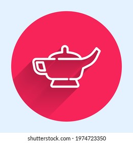 White line Magic lamp or Aladdin lamp icon isolated with long shadow. Spiritual lamp for wish. Red circle button. Vector