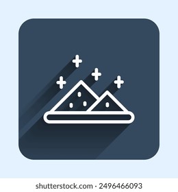 White line Magic powder icon isolated with long shadow background. Blue square button. Vector