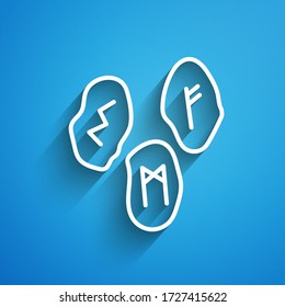 White line Magic runes icon isolated on blue background. Long shadow. Vector Illustration