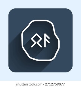 Línea blanca icono de runas mágicas aislado con fondo de sombra larga. Botón cuadrado azul. Vector