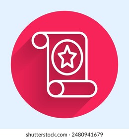 White line Magic scroll icon isolated with long shadow. Decree, paper, parchment, scroll icon. Red circle button. Vector