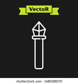 White line Magic staff icon isolated on black background. Magic wand, scepter, stick, rod.  Vector Illustration