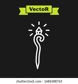 Icono del personal de la línea blanca Aislado en fondo negro. Varita mágica, cetro, palo, vara. Ilustración vectorial