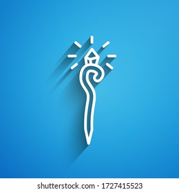 White line Magic staff icon isolated on blue background. Magic wand, scepter, stick, rod. Long shadow. Vector Illustration