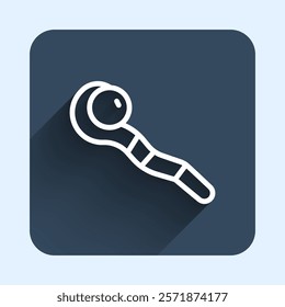 White line Magic staff icon isolated with long shadow background. Magic wand, scepter, stick, rod. Blue square button. Vector