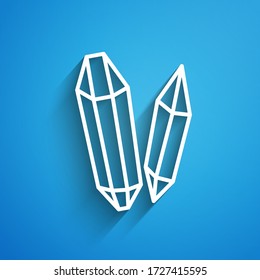 White line Magic stone icon isolated on blue background. Fantasy crystal. Jewelry gem for game. Long shadow. Vector Illustration