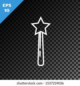 White line Magic wand icon isolated on transparent dark background. Star shape magic accessory. Magical power.  Vector Illustration