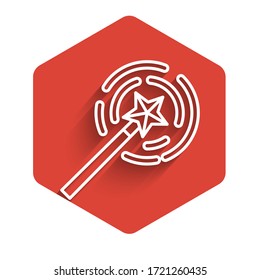 White line Magic wand icon isolated with long shadow. Star shape magic accessory. Magical power. Red hexagon button. Vector Illustration