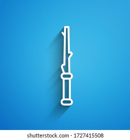 White line Magic wand icon isolated on blue background. Star shape magic accessory. Magical power. Long shadow. Vector Illustration