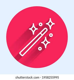 White line Magic wand icon isolated with long shadow. Star shape magic accessory. Magical power. Red circle button. Vector Illustration