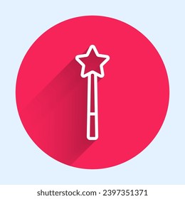 Icono de la varita mágica de la línea blanca aislado con una sombra larga. Complemento mágico de forma estrella. Poder mágico. Botón de círculo rojo. Vector