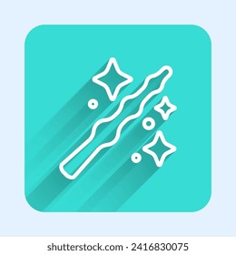Icono de varita mágica de línea blanca aislado con fondo de sombra larga. Complemento mágico de forma estrella. Poder mágico. Feliz fiesta de Halloween. Botón cuadrado verde. Vector