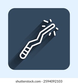White line Magic wand icon isolated with long shadow background. Star shape magic accessory. Magical power. Happy Halloween party. Blue square button. Vector