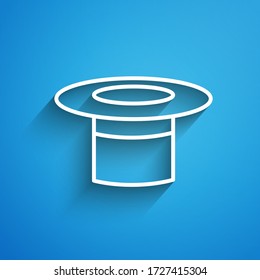 White line Magician hat icon isolated on blue background. Magic trick. Mystery entertainment concept. Long shadow. Vector Illustration
