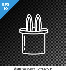 White line Magician hat and rabbit ears icon isolated on transparent dark background. Magic trick. Mystery entertainment concept.  Vector Illustration