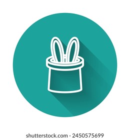 White line Magician hat and rabbit ears icon isolated with long shadow background. Magic trick. Mystery entertainment concept. Green circle button. Vector