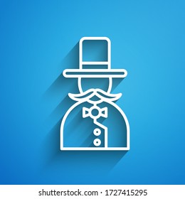 White line Magician icon isolated on blue background. Long shadow. Vector Illustration