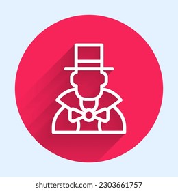 White line Magician icon isolated with long shadow. Red circle button. Vector