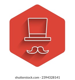 White line Magician icon isolated with long shadow. Red hexagon button. Vector