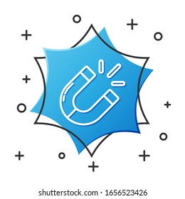 White line Magnet icon isolated on white background. Horseshoe magnet, magnetism, magnetize, attraction. Blue hexagon button. Vector Illustration