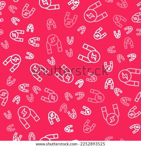 White line Magnet icon isolated seamless pattern on red background. Horseshoe magnet, magnetism, magnetize, attraction.  Vector