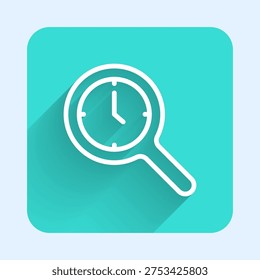 White line Magnifying glass with clock icon isolated with long shadow background. Clock search. Green square button. Vector