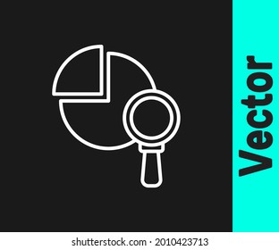 White line Magnifying glass and data analysis icon isolated on black background.  Vector