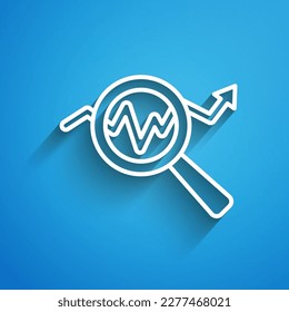 White line Magnifying glass and data analysis icon isolated on blue background. Search sign. Long shadow. Vector