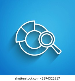 White line Magnifying glass and data analysis icon isolated on blue background. Search sign. Long shadow. Vector