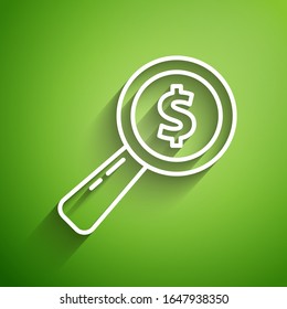 White line Magnifying glass and dollar icon isolated on green background. Find money. Looking for money.  Vector Illustration