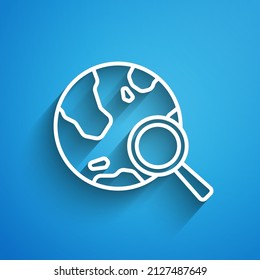 White line Magnifying glass with globe icon isolated on blue background. Analyzing the world. Global search sign. Long shadow. Vector