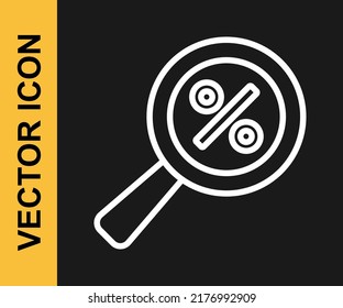 White line Magnifying glass with percent discount icon isolated on black background. Discount offers searching. Search for discount sale sign.  Vector