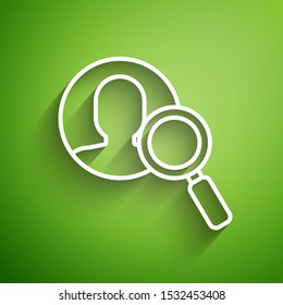 White line Magnifying glass for search a people icon isolated on green background. Recruitment or selection concept. Search for employees and job.  Vector Illustration
