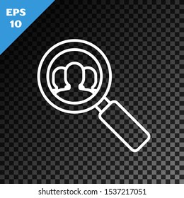 White line Magnifying glass for search a people icon isolated on transparent dark background. Recruitment or selection concept. Search for employees and job.  Vector Illustration