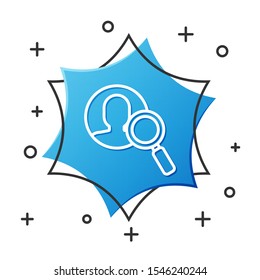 White line Magnifying glass for search a people icon isolated on white background. Recruitment or selection concept. Search for employees and job. Blue hexagon button. Vector Illustration