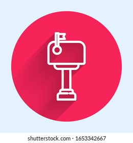 White line Mail box icon isolated with long shadow. Mailbox icon. Mail postbox on pole with flag. Red circle button. Vector Illustration