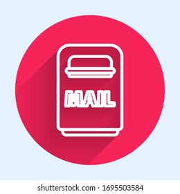 White line Mail box icon isolated with long shadow. Mailbox icon. Mail postbox on pole with flag. Red circle button. Vector Illustration