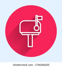 White line Mail box icon isolated with long shadow. Mailbox icon. Mail postbox on pole with flag. Red circle button. Vector Illustration