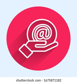White line Mail and e-mail in hand icon isolated with long shadow. Envelope symbol e-mail. Email message sign. Red circle button. Vector Illustration