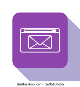 White line Mail and e-mail icon isolated on white background. Envelope symbol e-mail. Email message sign. Purple square button. Vector Illustration