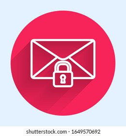 Línea blanca Icono de bloqueo de mensajes de correo electrónico aislado con sombra larga. Sobre con candado. Privado, seguridad, seguridad, protección, privacidad. Botón de círculo rojo.  Ilustración vectorial
