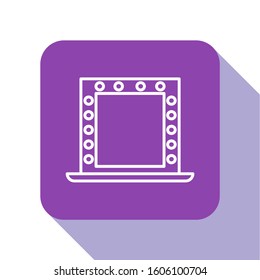 White line Makeup mirror with lights icon isolated on white background. Purple square button. Vector Illustration
