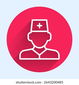 White line Male doctor icon isolated with long shadow background. Red circle button. Vector