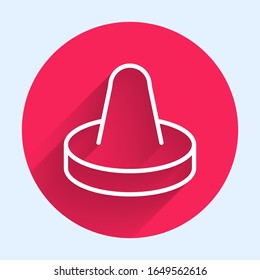 White line Mallet and puck for playing air hockey game icon isolated with long shadow. Red circle button. Vector Illustration