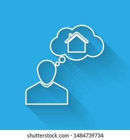 White line Man dreaming about buying a new house icon isolated with long shadow.  Vector Illustration