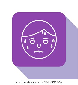 White line Man with excessive sweating icon isolated on white background. Purple square button. Vector Illustration