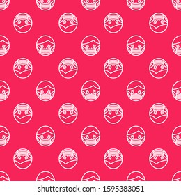 White line Man face in a medical protective mask icon isolated seamless pattern on red background. Quarantine.  Vector Illustration