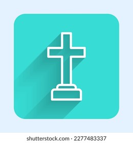 White line Man graves funeral sorrow icon isolated with long shadow background. The emotion of grief, sadness, sorrow, death. Green square button. Vector