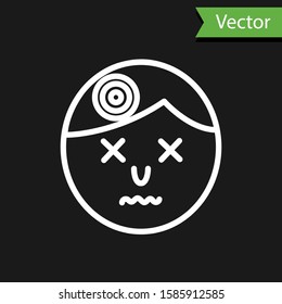 White line Man having headache, migraine icon isolated on black background.  Vector Illustration